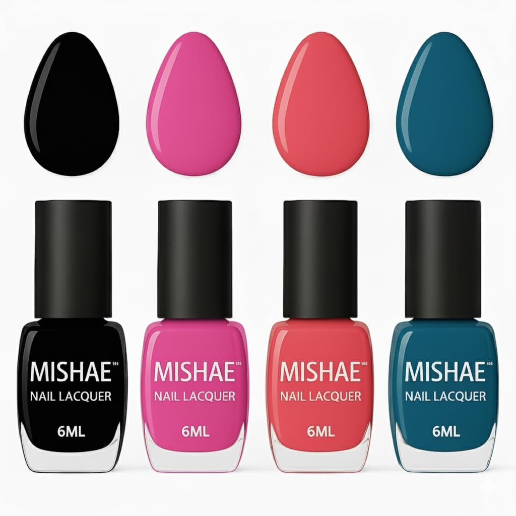 MISHAE Nail Polish Set of 4 – Royal Navy Blue, Dusty Mocha Beige, Bright Candy Pink, Dark Berry Burgundy | Glossy Finish | Long Lasting, Quick Dry, Chip-Resistant | 6ml Each-image-14
