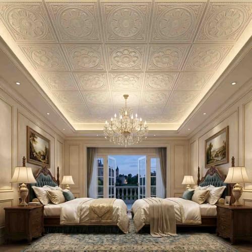 Image of Kayra Decor PVC Ceiling Panel 2x2 Feet (60x60 cm) - Regal Ornate Design, White| Pack of 50 3D Decorative Ceiling & Wall Panels | Waterproof Home Interior Decor