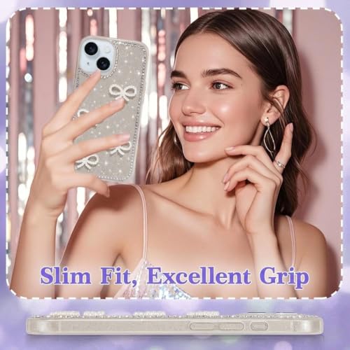 Image of DIZORO Compatible for iPhone 13 / iPhone 14 Cover 6.1, Luxury Diamond Cute with Bow Glitter Bling Case with Full Camera Protection PC+TPU Glossy Shiny Back Cover Case for Girls Women (Desert)