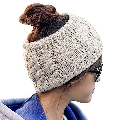 LOCOMO Women Girl Knit Cable Headband Head Wrap Crochet Hat FFH017 Brown Gray