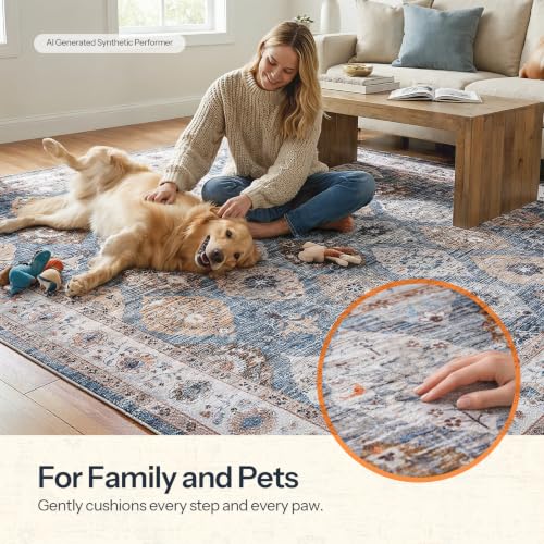Image of HOOBRO Washable Rug 8 x 10 Area Rugs for Living Room, Non-Slip Stain Resistant Rug, Low Pile Soft Rug Indoor Large Carpets Pet Friendly Mat, for Bedroom Kitchen Dining Room, Light Blue BU05AR01