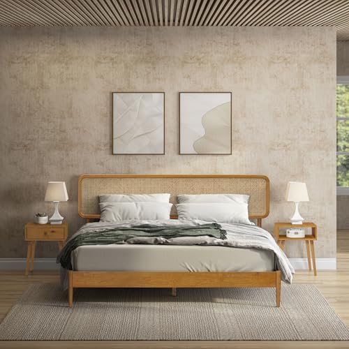 Image of NTC Lupin Wooden Bed Frame with Headboard and Natural Rattan, Solid Oak /Rubber Wood Foundation with Silent Slats, 1000 Lb Capacity, Effortless Assembly (Natural Cane - Rustic Oak, King)