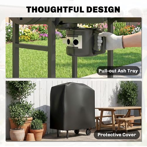 Outsunny Charcoal Grill, Barrel BBQ Smoker with Warming Rack, Movable Charcoal BBQ Grill with Foldable Shelves, Thermometer, Wheels for Outdoor Cooking, Camping Party, Natural Wood and Black - Image 7