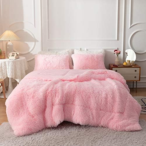Smoofy Faux Fur Comforter Set Queen 3Pcs Shaggy Plush Velvet Comforter Soft Fluffy Fuzzy Double-Sided Bedding Luxury Furry Flannel, Pink Queen 1 Comforter 2 Pillowcases