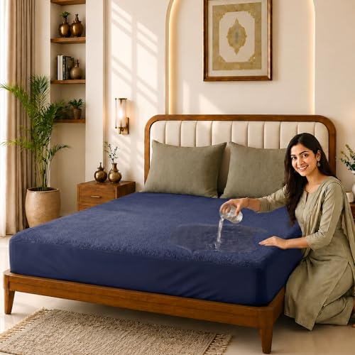 Image of Glassiano Cotton Feel Terry Ultra Soft Waterproof Mattress Protector | Breathable - Hypoallergenic Mattresses Cover with Elastic Strap for Single Bed (78x42 inch|6.5x3.5 feet, Navy Blue - Pack of 1)