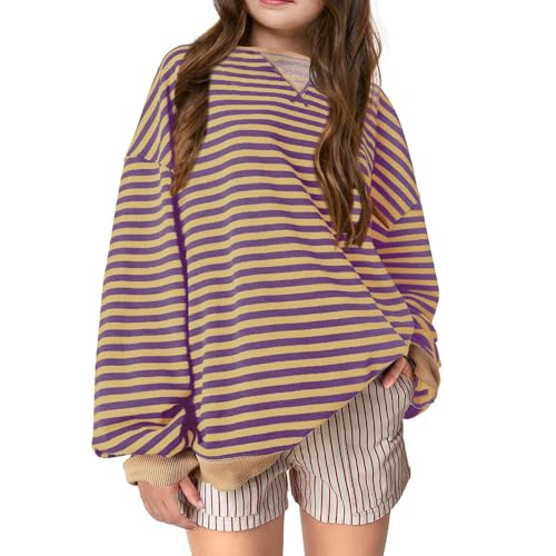 DDAPJ pyju Girls Oversized Sweatshirt Striped Fall Sweatshirts Long Sleeve Crewneck Pullover Kids Casual Tops 5-14 Years2