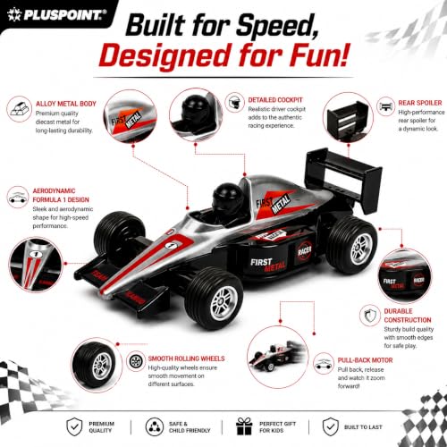Image of PLUSPOINT F1 Racing Diecast Metal Car | Pull Back Formula Racing Car Model with Alloy Body | Mini Collectible High-Speed Racing Vehicle Toy for Kids Boys & Girls Age 3+