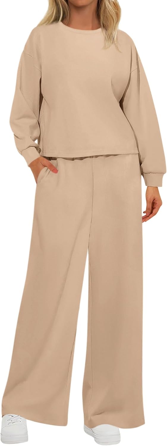 MASCOMODA Womens Fall Sweatsuits Two Piece Sets Crewneck Long Sleeve Tops Wide Leg Pants Casual Travel Lounge Set Track Suits