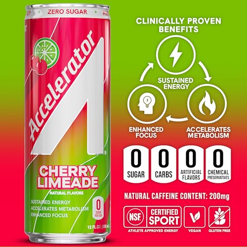 Image of Accelerator Active Energy Drink, Cherry Limeade 12oz can (12 pack) | Zero Sugar, Sustained Energy from 100% Natural Caffeine (200mg from Green Coffee Bean & Green Tea extract)