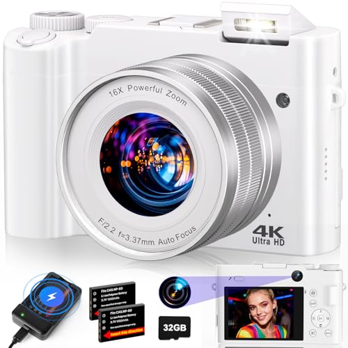 Image of 4K Digital Camera for Photography - 64MP Autofocus Vlogging Camera for YouTube with Dual-Lens - 16X Digital Zoom Anti Shake 3'' Selfie Compact Camera with Flash, 2 Batteries, Charging Stand-White