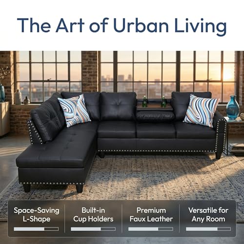 Image of L-Shaped Sectional Sofa, Modern 4-Seat Couch with Built-in Cup Holders, Leather Sectional Couch with Left Facing Chaise for Living Room, Apartment, Office, Black