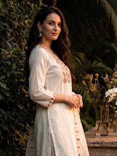 Image of INDO ERA Women's Silk Blend Floral Embroidered Thread Work Kurta & Pant with Dupatta Set (IEBBAI438)