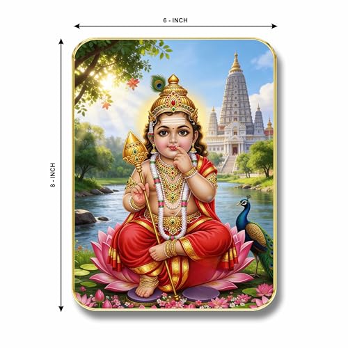 Image of SAF Bala Murugan Lord Kartikeya Wall Art with Table Top Stand & Wall Hanging Hole | Premium MDF Subramanya Swamy Peacock Painting for Home Mandir