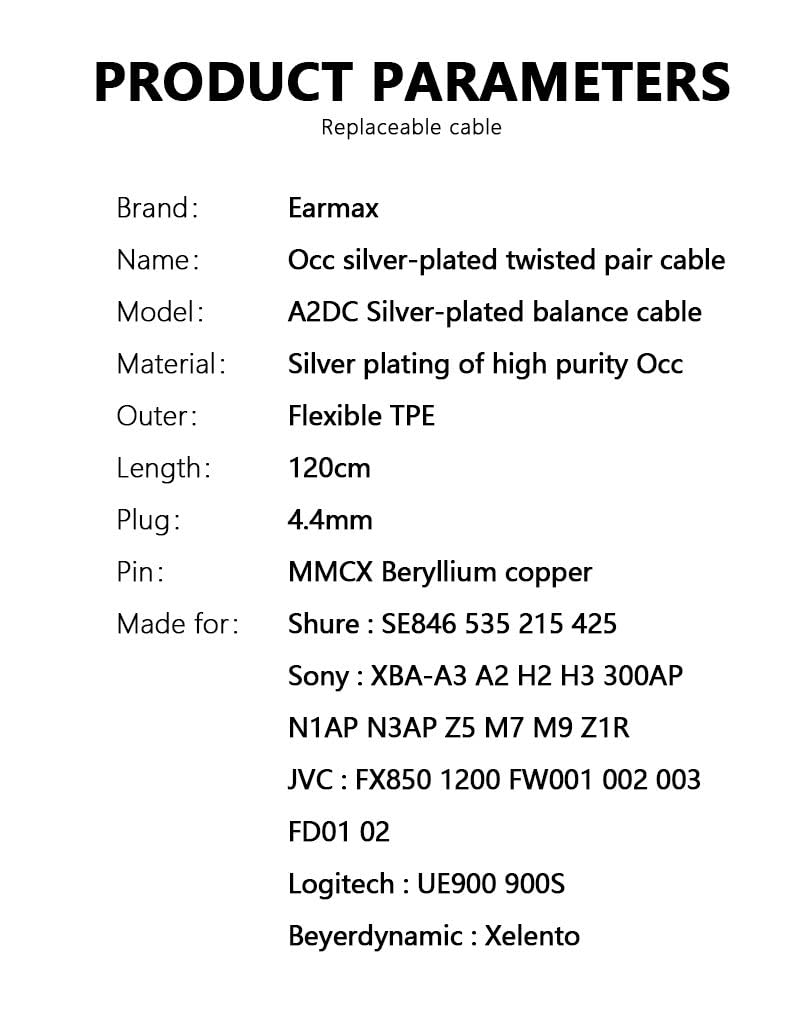 MMCX 4.4mm OCC Balanced Cable Compatible with SE846 535 215 425 S0ny XBA-A3 A2 H2 H3 300AP N1AP N3AP Z5 M7 M9 Z1R JVC FX850 1200 FW001 002 003 FD01 02 UE900 900S Xelento