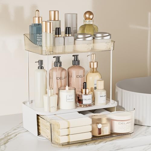Delamu Bathroom Organizer and Storage, 2 Tier 1 Drawer Multi-Purpose Makeup Drawer Organisers for Vanity, Large Cosmetic Case Perfume Tray Skincare Organizers, Amber