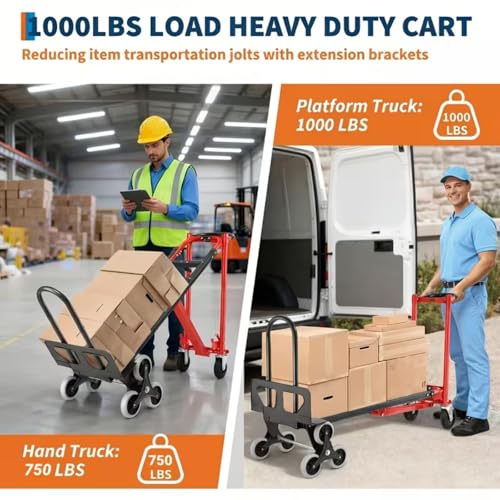 Image of Heavy Duty Stair Climbing Hand Truck - 1000 LBS Capacity 4-in-1 Convertible Dolly Cart, Foldable Platform Utility Cart for Moving Boxes, Industrial Grade Steel Construction(red)
