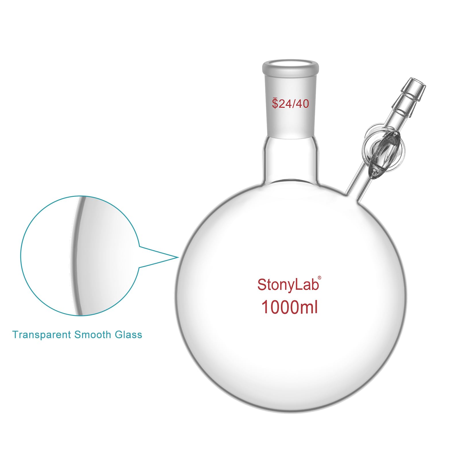 stonylab Matraz de Reacción con Llave de Paso de Vidrio, Conexión 24/40, Matraz de Fondo Redondo de Vidrio Borosilicato de Cuello Único, para Experimentos y Aplicaciones en Laboratorio, 1000 ml