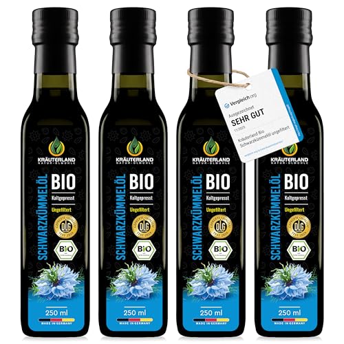 Kräuterland Bio Schwarzkümmelöl 4X250ml (1Liter), ungefiltert, hoher Thymoquinon, Omega...