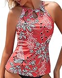 Tempt Me Red Flower High Neck Tankini Top Backless Bathing Suit Tops for Women Swimsuit Top Key Hole Swim Top Only XL