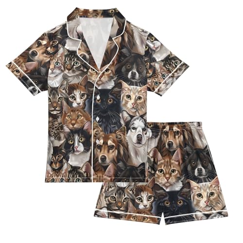 ALAZA Cat Dog Puppy Vintage Pajamas Satin Pajama Set Short Sleeve Button Down Sleepwear - Main Image
