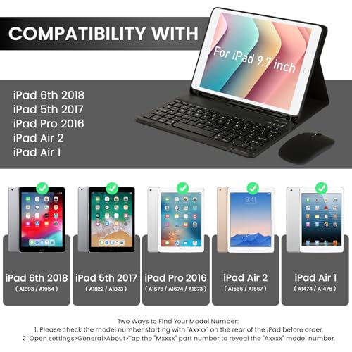 Image of SOPPY Bluetooth Keyboard Case with Mouse for iPad 6th /5th Generation, iPad Pro 9.7-inch, Air 1 /2, Detachable Wireless Keyboard with Pencil Holder, Slim Protective Cover, Rechargeable, US - Black