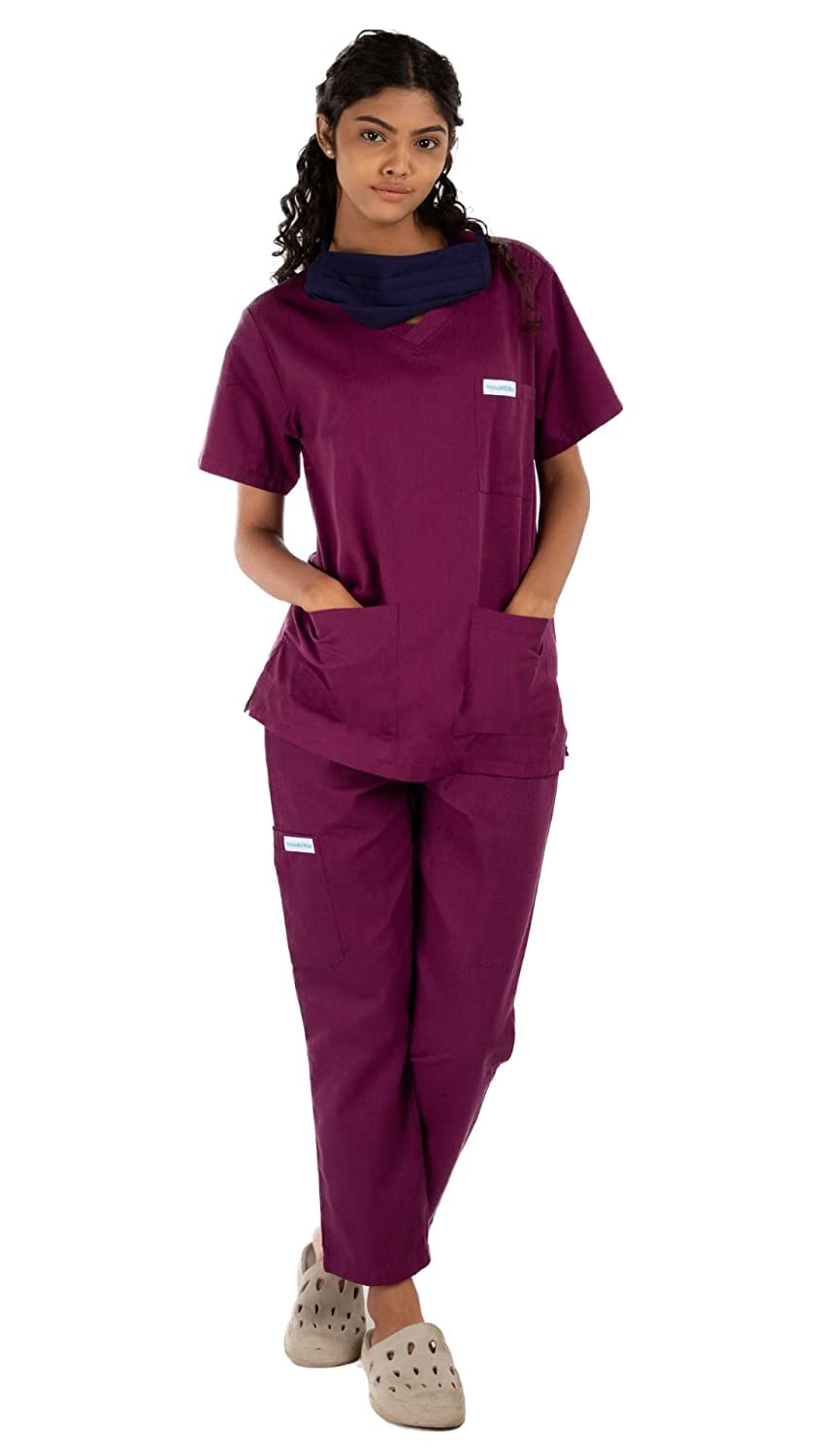 VastraMedwear Women's V Neck Half Sleeves Scrub Suit | 6 Pockets Medical Scrub suit for doctors | Uniform for Doctors, Nurses, Dentists & Healthcare Professionals Scrub suit for women|Wine