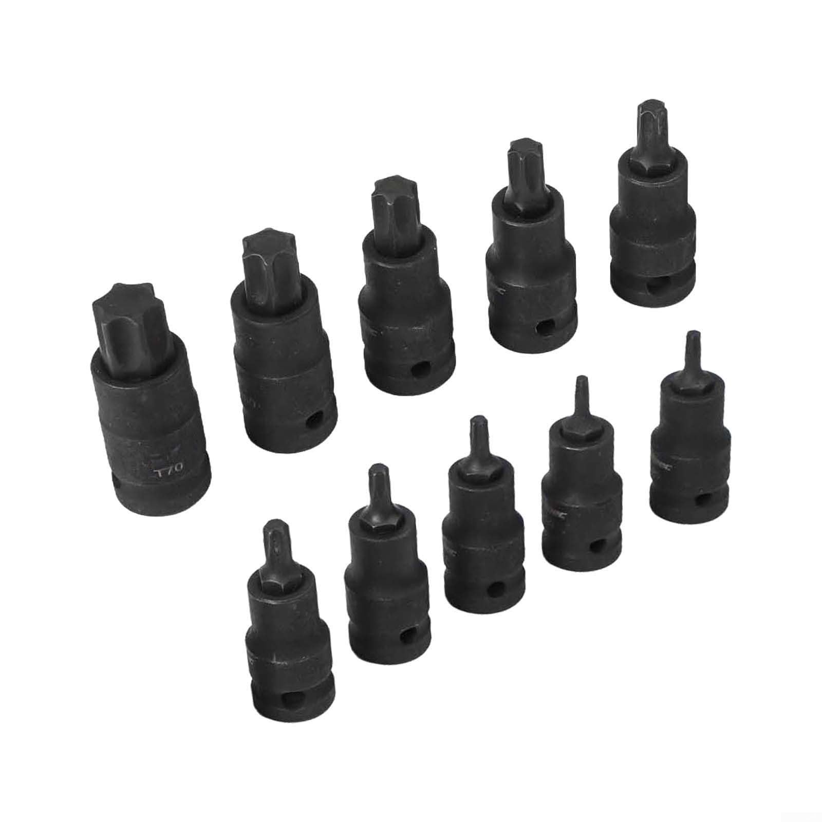 Vanadio T20t70 - Set di chiavi e chiavi a bussola in acciaio per attacco compatibile da 1/2" con adattatore Torx cromato, 10 pezzi