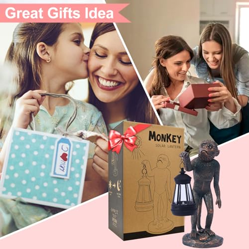 Qeeman Solar Lantern Monkey Garden Decoration - Weather Proof Resin Chimpanzee Gifts for Mom and Grandma Outdoor Yard Art