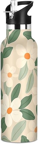 FLOWER and whites - Botella de agua natural a prueba de fugas, sin BPA, con pajilla, doble pared aislada al vacío para deportes, viajes y escuela,