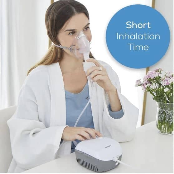 Woman using Beurer IH 17 Nebulizer with a mask, highlighting short inhalation time