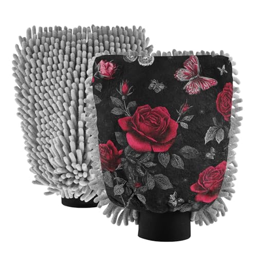ALAZA Rose Flowers Floral Butterfly Car Wash Mitt Scratch Free, 2 Pack Absorbent Microfiber/Chenille Washing & Drying Mitts, M
