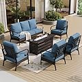 SUNSHINE VALLEY 6 Piece Black Metal Outdoor Patio Furniture Sets with Firepit Table, Patio Conversation Sets 1 3-Seater Sofa, 4 Single Sofa with 5.75" Extra Cushion Backyard Furniture for Deck, Navy