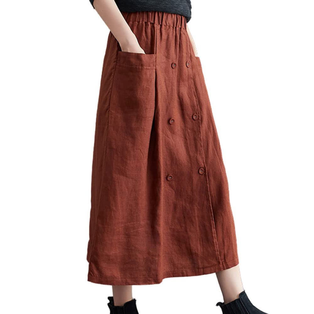 Gonne da Donna,Maxi Gonna da Donna Marrone Elastico in Vita Gonna A Tubino Vintage in Cotone E Lino con Tasche A-Line Casual Plain Gonne Lunghe per Ragazze Signore,L