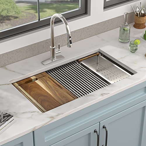 Image of 30 inchx19 inch Undermount Kitchen Sink Workstation Single Bowl | 16 Gauge T304 Stainless Steel, Brushed Nickel Finish, with Integrated Ledge, Round Corners, Under Counter