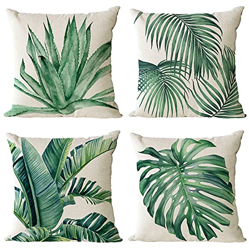 YeeJu Set of 4 Green Plants Decorative Throw Pillow Covers 18x18 Inch Summer Decorations Linen Square Pillow Cases Tropical Plants Outdoor Sofa Couch Home Bed Decor Cushion Covers (18 by 18)