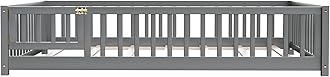 i-POOK Full Montessori Floor Bed for Children, Sturdy Wood Frame with Wood Slats, Fence & Door for Girls and Boys, Gray (with Bed Slats)