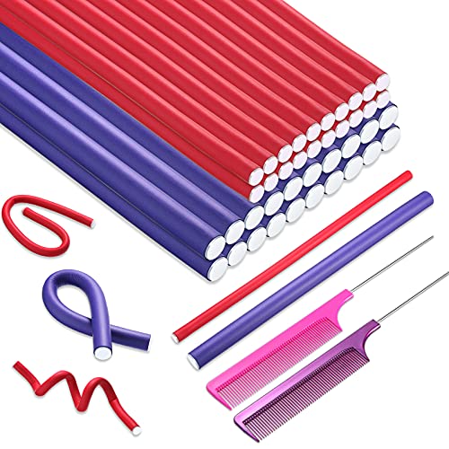 Hoteam 40 Pieces Flexible Curling Rods Foam Curlers Twist Foam Hair Rollers Soft Foam No Heat Hair Rods Rollers with 2 Pieces Steel Pintail Comb for Women Girls Long, Medium and Short Hair