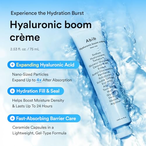 Image of Abib Hyaluronic Boom Creme Water Tube, Expanding Nano-Sized Hyaluronic Acid Particles 4x, Deep Hydration Plumping Cream, Ceramide NP, Sensitive Skin, Korean Skin Care, 2.53 fl oz 75ml