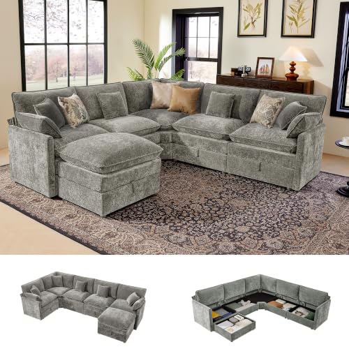 Image of Ihanherry Oversized Modular Sectional Sofa with Storag, 6-Seater V Shaped Cloud Couch with Movable Ottomans, Chenille Deep Seat Corner Couches for Living Room (Grey)