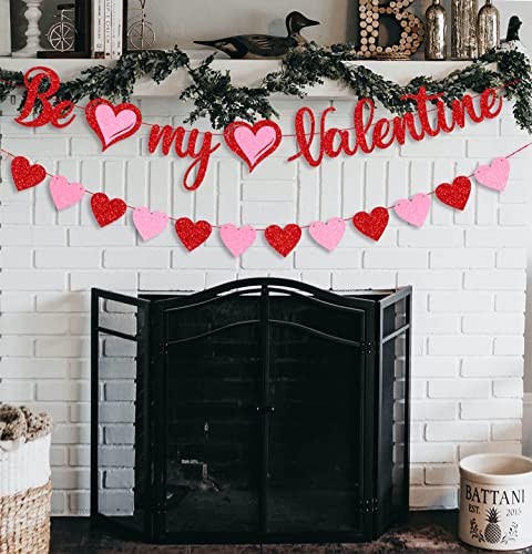 Image of FestikoRed Glitter Be My Valentine Banner and Red Pink Glitter Hearts Banner Happy Valentine's Day Garland Banner Valentines Day Wedding Engagement Party Fireplace Mantle Decorations Supplies