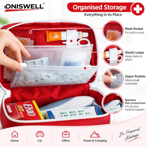 Image of First Aid Bag Empty Medicine Storage Organizer with Handle | Large Medical Kit Pouch with Mesh Pocket, Elastic Loops & Spacious Compartments | EVA Case for Home, Car, Office, Travel & Camping