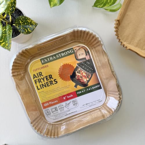 Image of Square Air Fryer Paper Liners 8 Inch, 100 Sheets, Silicone Coated, 100% Virgin Wood Pulp, Oil & Water Proof, Shape Retaining, Non-Stick Disposable Parchment Paper for 4.7-7.6L Air Fryers