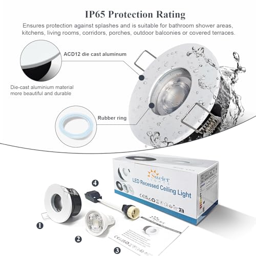 Sweier IP65 Recessed Ceiling Lights, 5W GU10 Waterproof Downlights Dimmable 3000K Warm - Image 3