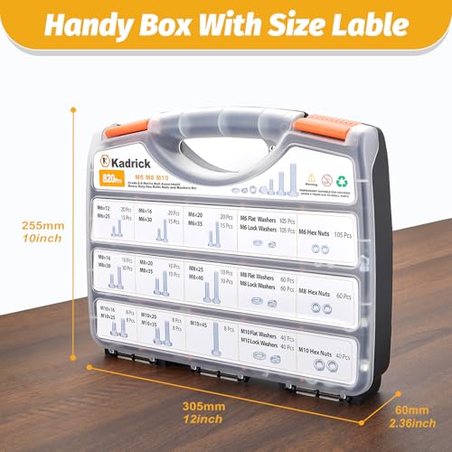 Image of Kadrick 820Pcs Metric Bolt Assortment,Grade 8.8 M6 M8 M10 Hex Heavy Duty Bolts and Nuts Kit,M6-1.0 M8-1.25 M10-1.5 (12mm to 45mm),Eco-Friendly Zinc Plated