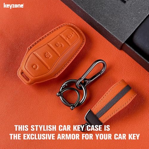 Image of Keyzone Royal Leather Car Key Cover with Keychain for BYD Seal and Atto 3 smart Key (Sunburst Orange)