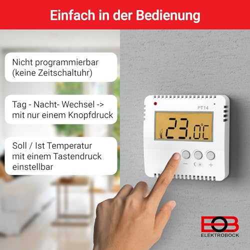 ELEKTROBOCK PT14 Digitaler Raumthermostat 230V | Ein Knopfdruck - Temperaturwechsel | kein programmieren notwendig | großes beleuchtetes LCD Display | Wandthermostat für elektrische Heizungen