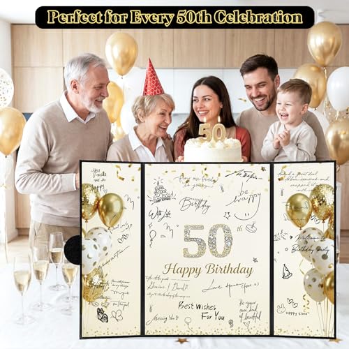 Image of 50th Birthday Guest Book Alternative, Black Gold Signature Board | 16.53 x 11.61 in trifold board, magnetic closure, starlight film, stands upright, pre-printed for 50th birthday wishes