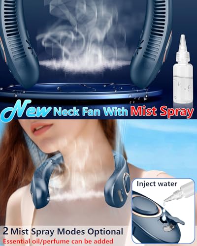 Image of Personal Neck Fans Mister with Water Spray, 4000mAh 4-9H Lasting, Mini Foldable Leafless AC for Neck Face Shoulder, LED Cordless Hanging Wearable Headphone Fan for Kid Adult Worker Hot Weather, Blue