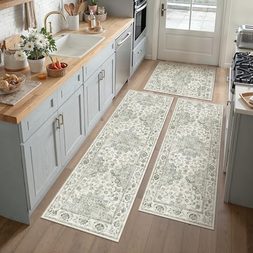 Neutral Kitchen Rug Set of 3 Washable Green Vintage Kitchen Mats for Floor Non-Slip Kitchen Runner Rug Soft Low Pile for Bathroom Laundry Hallway Sink Entryway