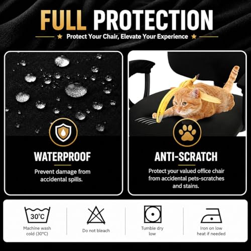 Image of Water-resistant Stretchable Desk Office Chair Seat Covers with Armrest Covers Universal Spandex Computer Chair Slipcover - Rotating Backrest Coverings & Cushion Protectors for Pets, Black